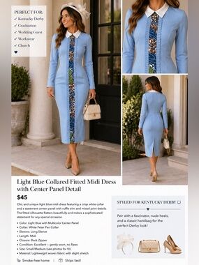 Vintage Style Light Blue Collared Midi Dress ✨ Brunch  Graduation Wedding Guest